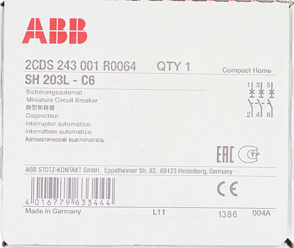 фото Автоматический выключатель abb sh203l (2cds243001r0064) 3p 6а тип c 4,5 ка 400 в на din-рейку