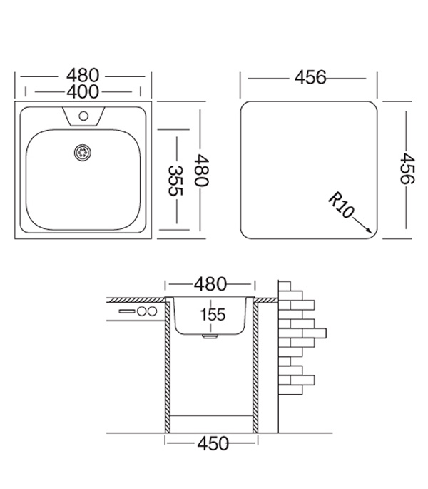 фото Мойка для кухни ukinox классика 480x480х155 мм врезная квадратная без крыла сталь