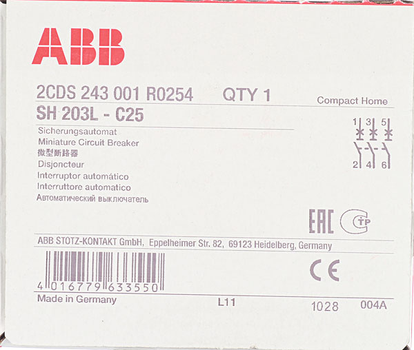 фото Автоматический выключатель abb sh203l (2cds243001r0254) 3p 25а тип c 4,5 ка 400 в на din-рейку