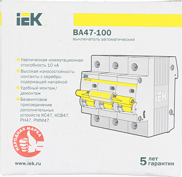 фото Автоматический выключатель iek ва 47-100 (mva40-3-100-c) 3p 100а тип c 10 ка 400 в на din-рейку