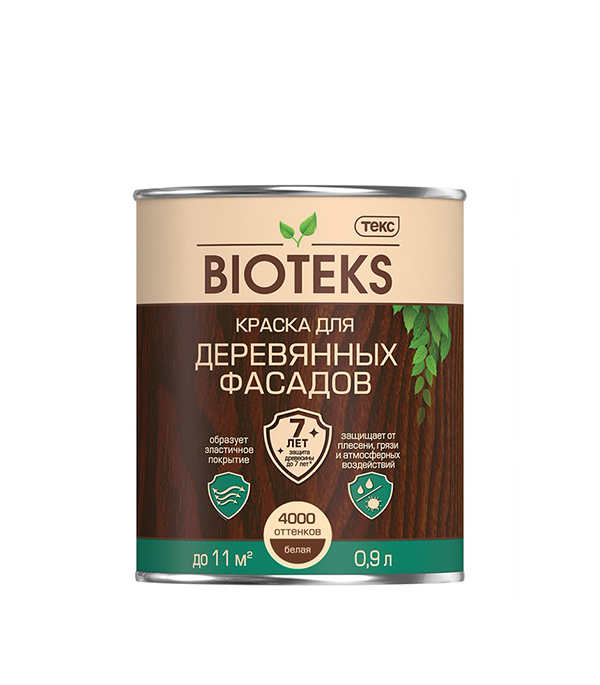 фото Краска фасадная алкидная по дереву текс bioteks белая основа а 0,9 л