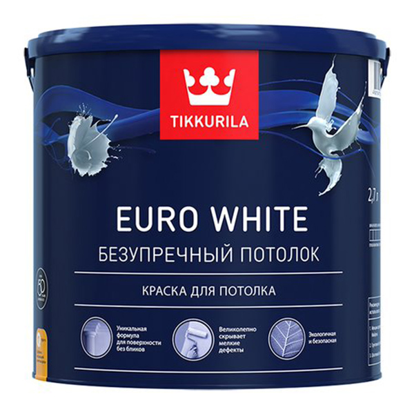 фото Краска водно-дисперсионная для потолка tikkurila euro white белая глубоко/мат 2,7л