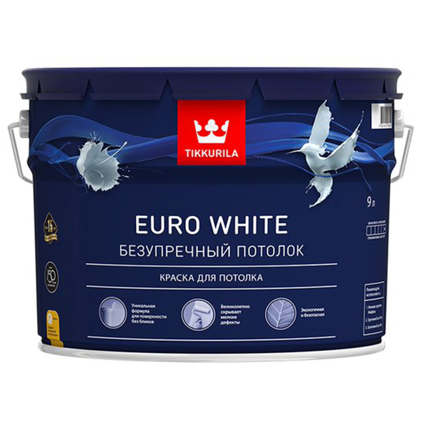 фото Краска водно-дисперсионная для потолка tikkurila euro white белая глубоко/мат 9л