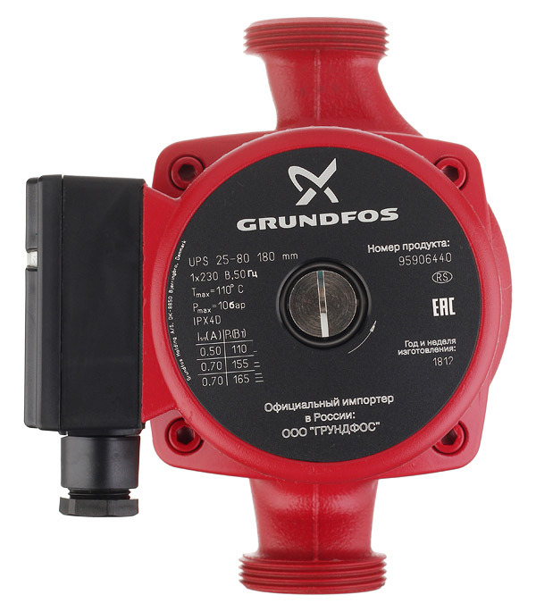 Циркуляционный насос для систем отопления Grundfos UPS 25-80 (95906440) DN25 подъем 8 м 180 мм с гайками