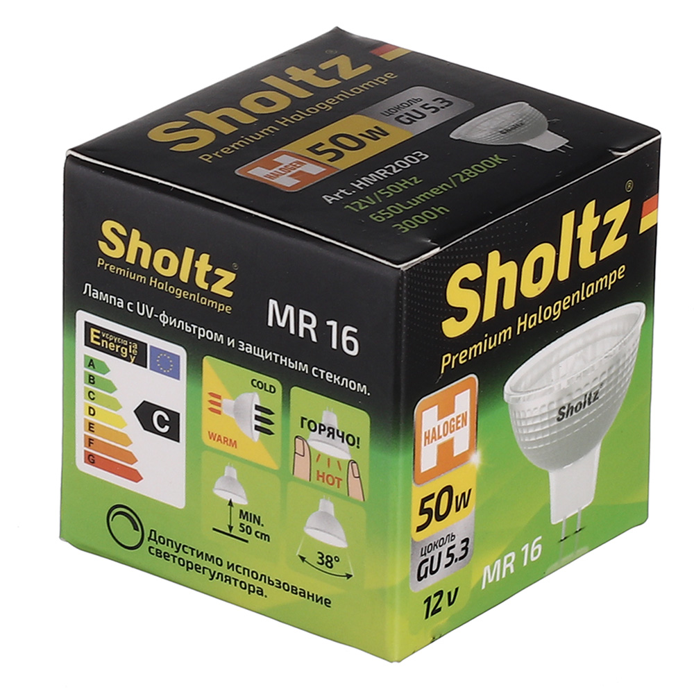 

Лампа галогенная Sholtz 50 Вт GU5.3 для светильника MR16 рефлектор 2800К теплый белый свет 12 В диммируемая