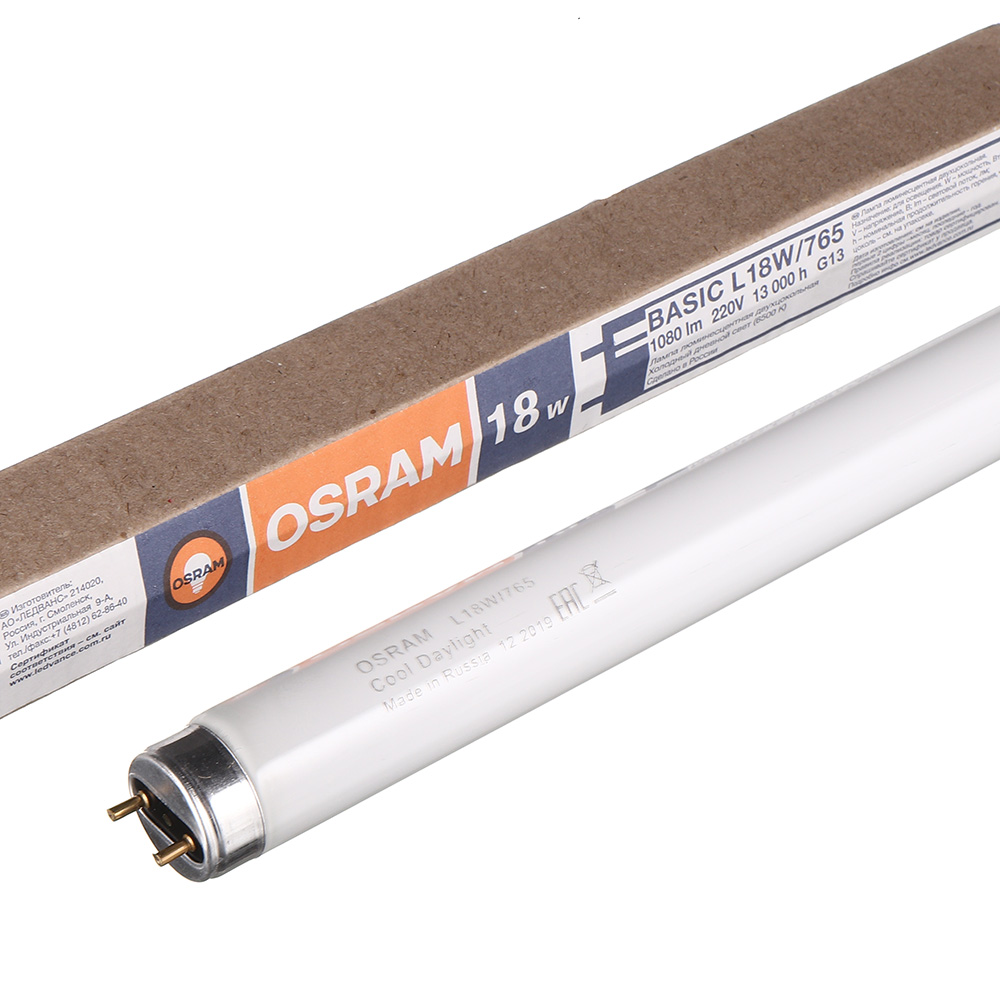 фото Лампа люминесцентная osram 18 вт g13 t8 трубка 6500к холодный белый свет 590 мм