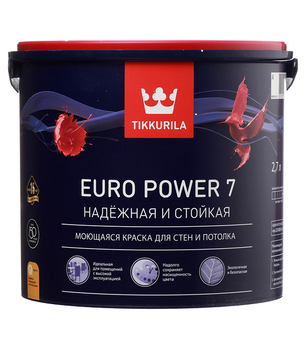 фото Краска водно-дисперсионная tikkurila euro power 7 моющаяся белая основа а 2,7 л