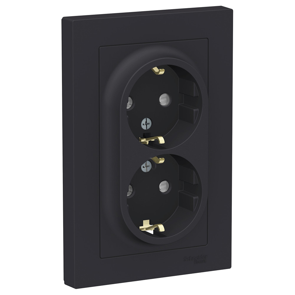 

Розетка с рамкой Schneider Electric Atlas Design ATN001026 двойная скрытая установка карбон с заземлением со шторками
