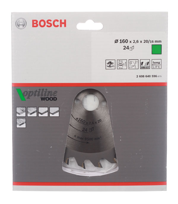 фото Диск пильный по дереву bosch optiline (2608640596) 160х16/20х2,6 мм 24 зуба