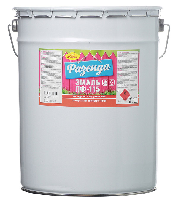 эмаль пф-115 зеленая 24 кг текс универсал. эмаль "фазенда" пф-115 белая 0,9кг текс. черная резиновая краска. эмаль пф-115 черная 25 кг. окраска металлических огрунтованных поверхностей эмалью пф 115.