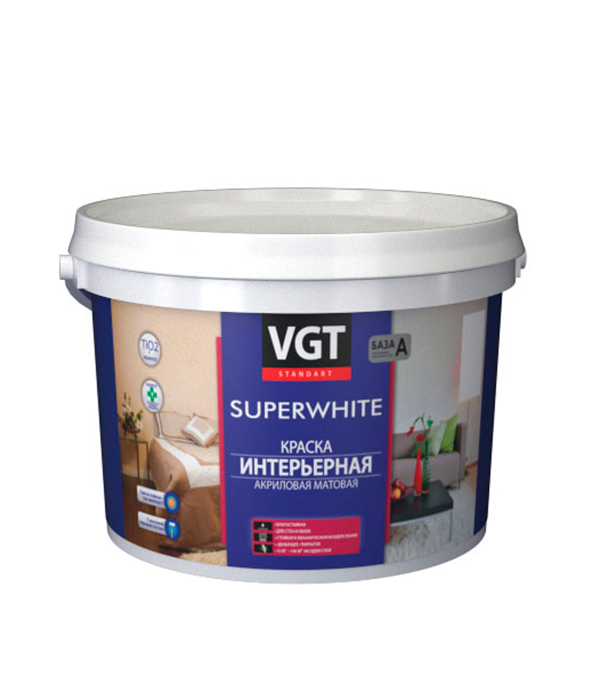 фото Краска водно-дисперсионная интерьерная vgt super white белая основа а 2 л/3 кг