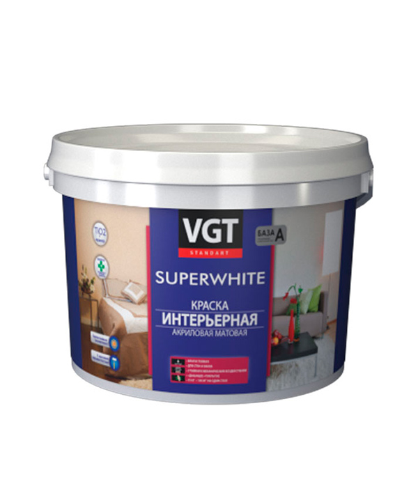 фото Краска водно-дисперсионная интерьерная vgt super white белая основа а 10 л/15 кг