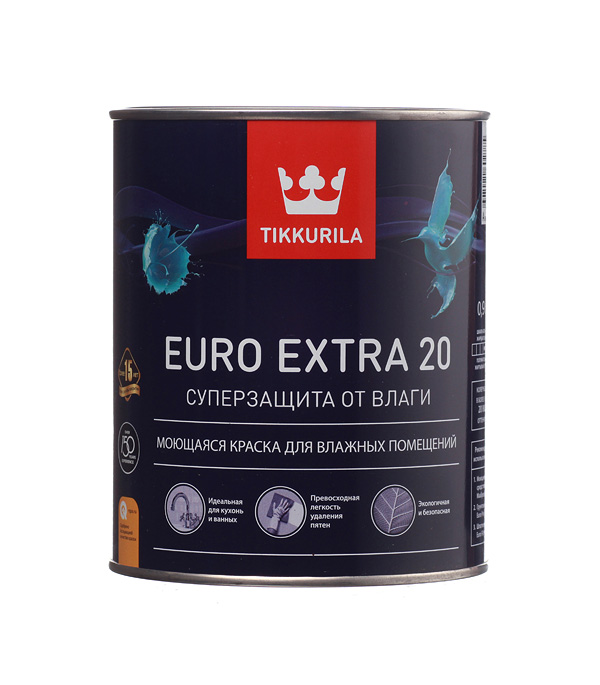 фото Краска водно-дисперсионная tikkurila euro extra 20 моющаяся белая основа а 0,9 л