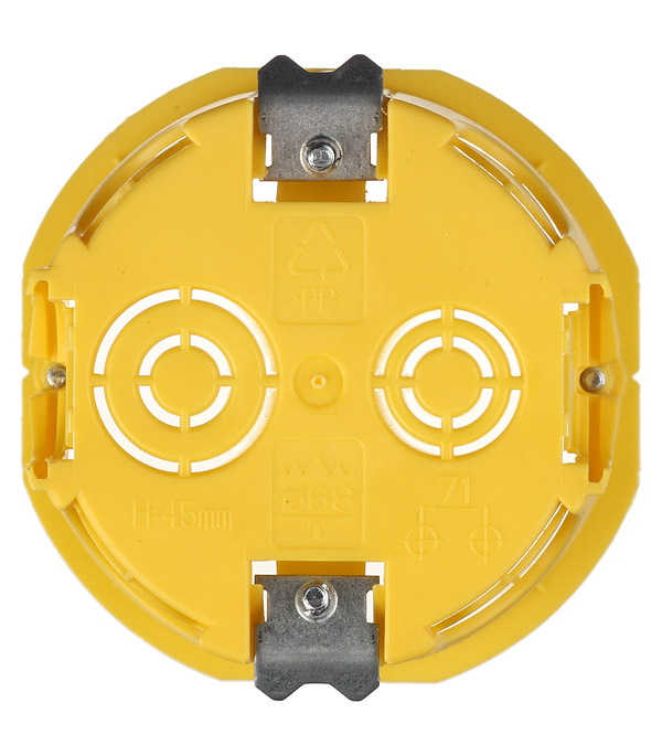 фото Подрозетник schneider electric для гипсокартона d68х46 мм 8 вводов желтый ip20 с металлическими лапками
