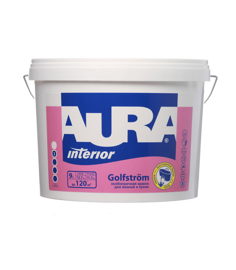Краска моющаяся Aura Interior Golfstrom особопрочная для ванной и кухни база А белая 9 л